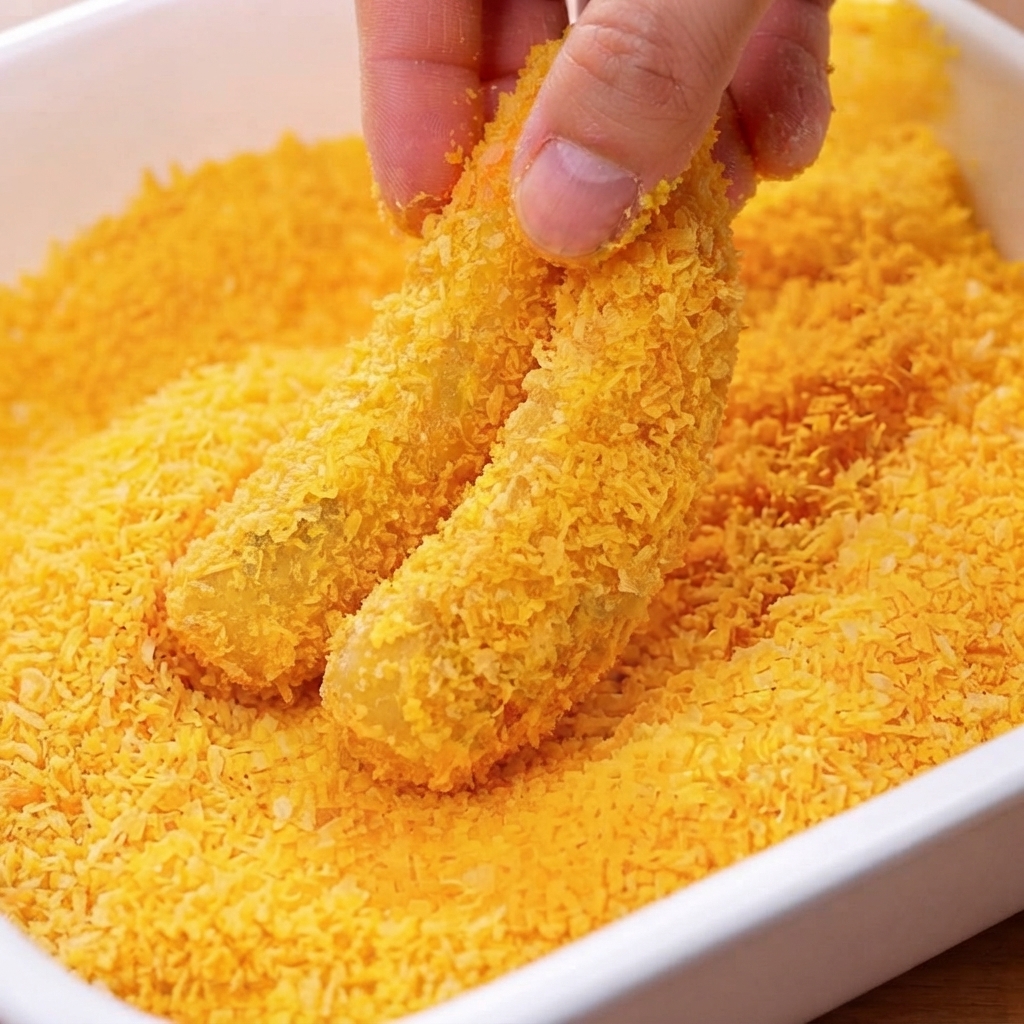 Panierte Garnelen frittieren in heißem Öl, bis sie goldbraun und knusprig sind.