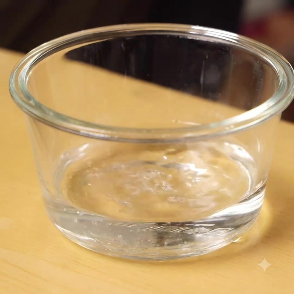 Eine Glasschüssel mit warmem Wasser und darin aufgelöster roter und weißer Miso-Paste.