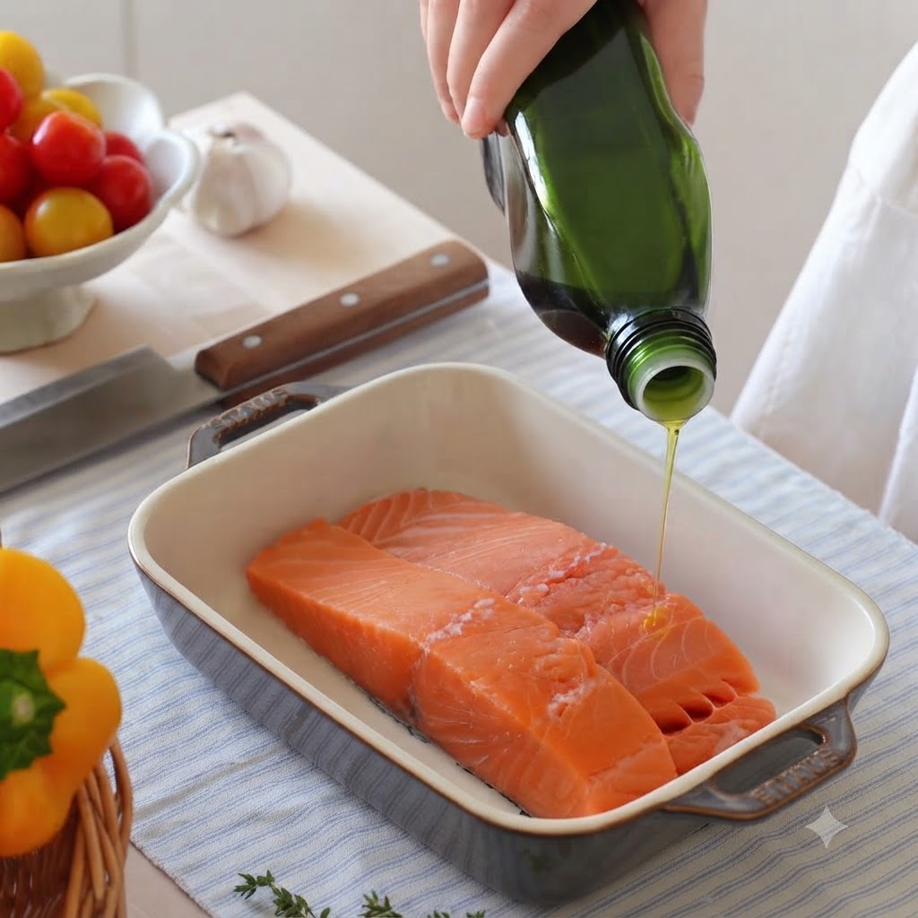 Olivenöl wird aus einer grünen Glasflasche über zwei rohe Lachsfilets in einer Keramikauflaufform gegossen.