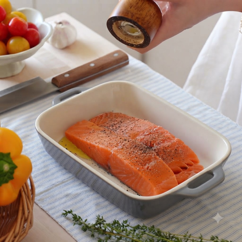 Eine hölzerne Pfeffermühle würzt rohe Lachsfilets mit Salz und schwarzem Pfeffer in einer Keramikform.