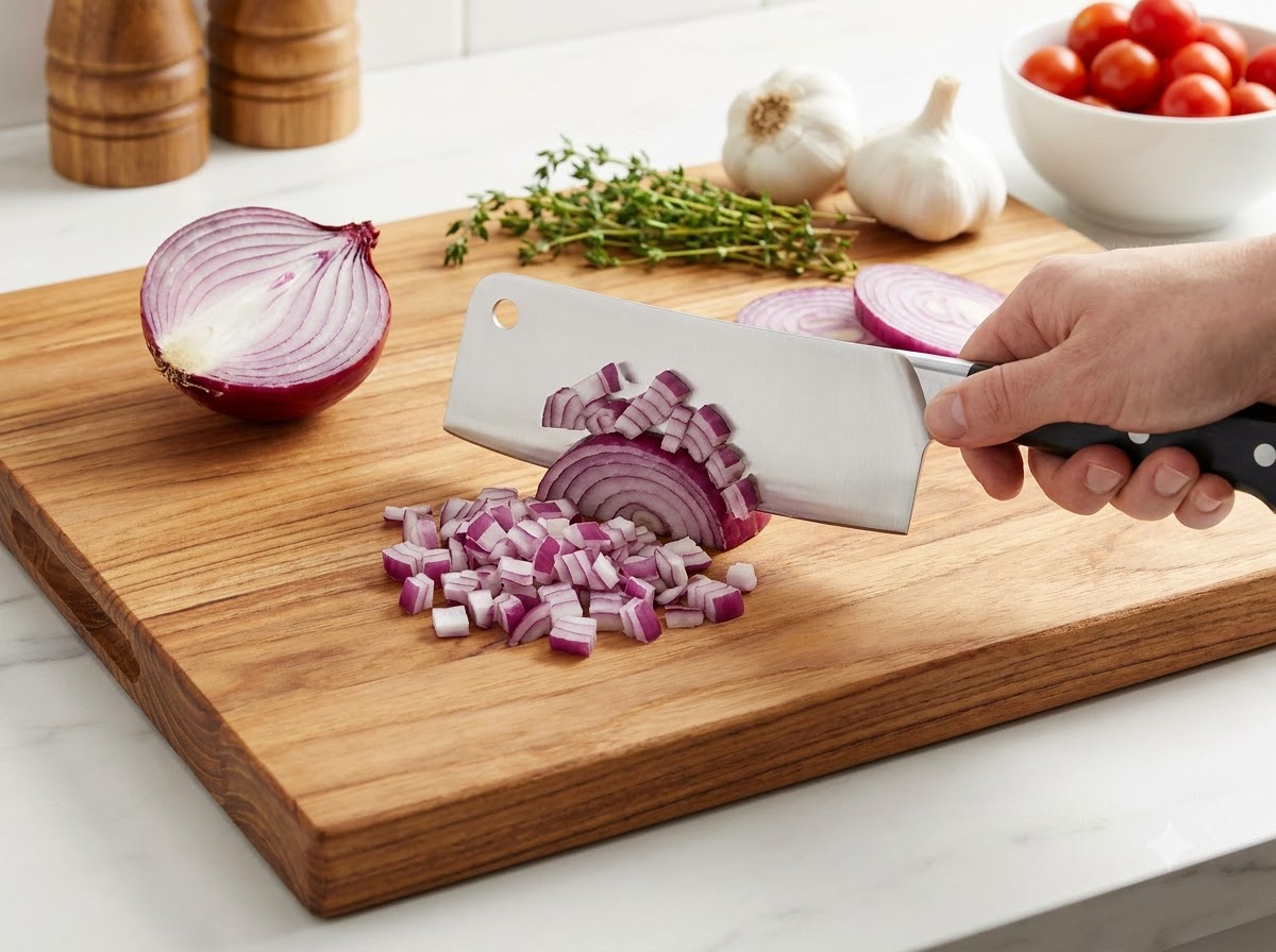 Dünn geschnittene frische Knoblauchzehen liegen verstreut auf einem Holzschneidebrett neben einem Kochmesser.