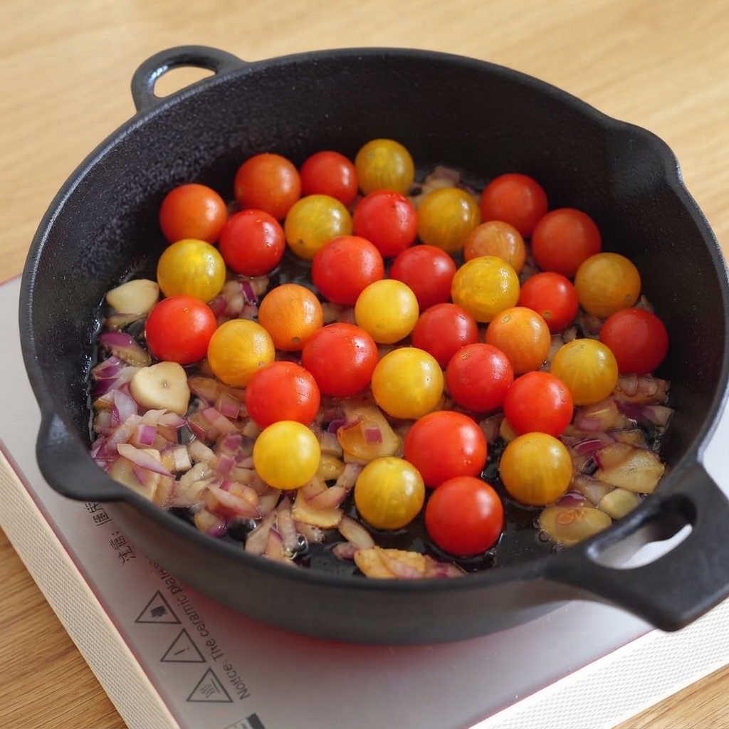 Frische rote und gelbe Kirschtomaten verteilen sich über den angeschwitzten Zwiebeln und dem Knoblauch in einer schwarzen gusseisernen Pfanne.