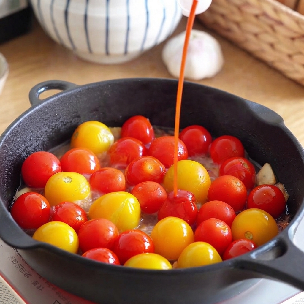 Ketchup wird in eine Pfanne gefüllt mit Kirschtomaten, Zwiebeln und Knoblauch gegossen.