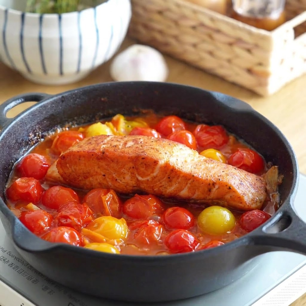 Ein angebratenes Lachsfilet ruht in einer gusseisernen Pfanne auf einer köchelnden Tomatensoße mit Kirschtomaten.