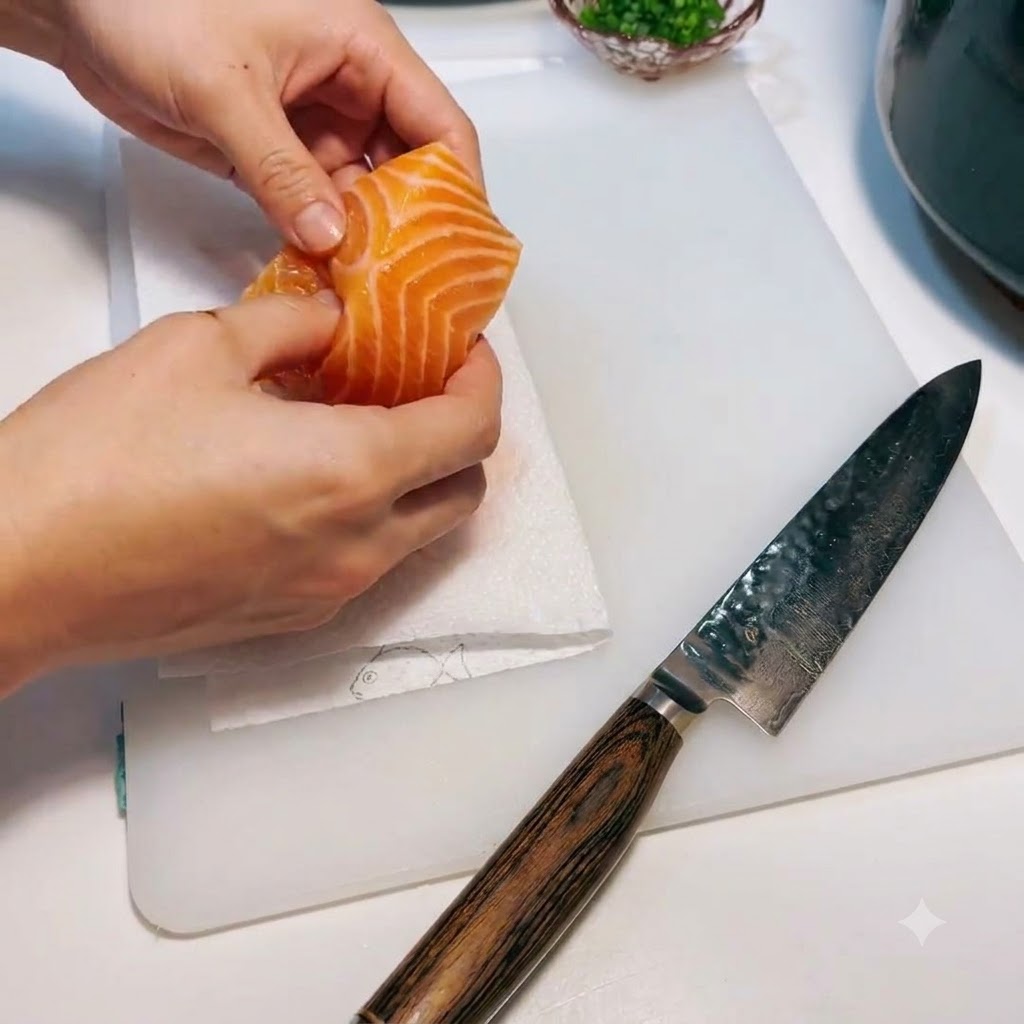 Ein Stück roher Lachs wird auf einem Schneidebrett sorgfältig mit einem Papiertuch trockengetupft.