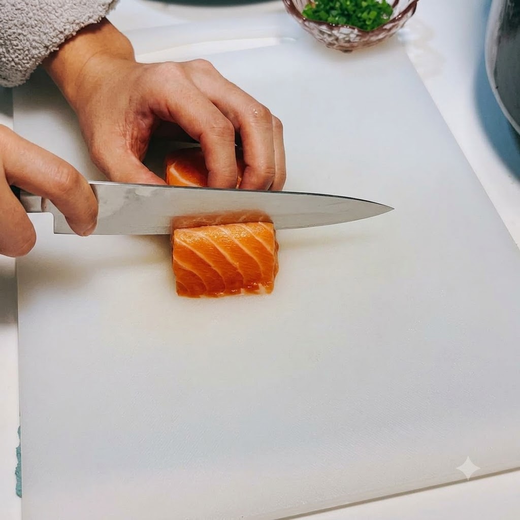 Ein scharfes Messer schneidet einen rohen Lachsblock in saubere, bite-sized Würfel.
