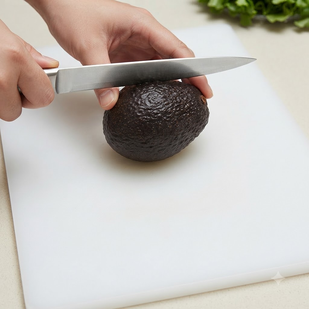 Ein Messer liegt auf einer ganzen reifen Avocado, die auf einem weißen Schneidebrett positioniert ist.