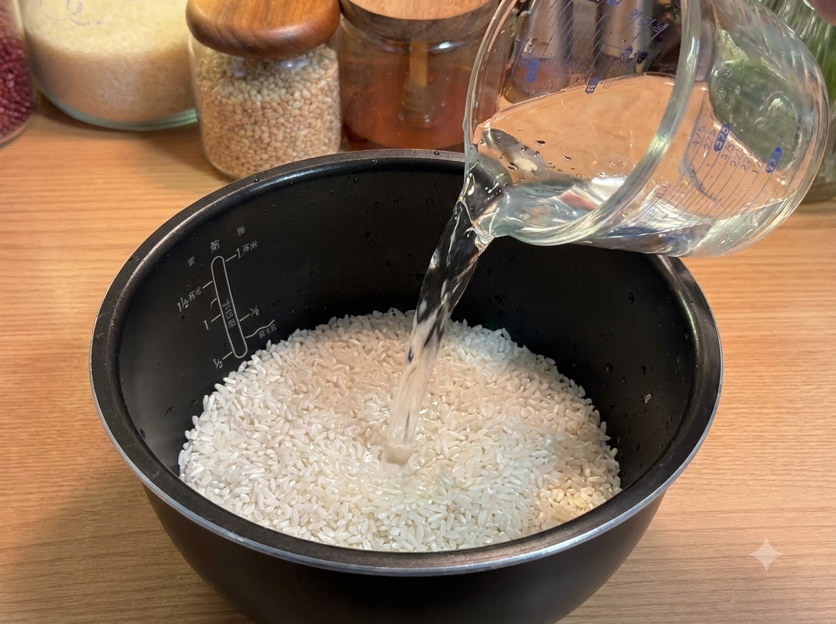 Wasser wird aus einem Messbecher in einen Reiskocher mit weißem Reis gegossen.