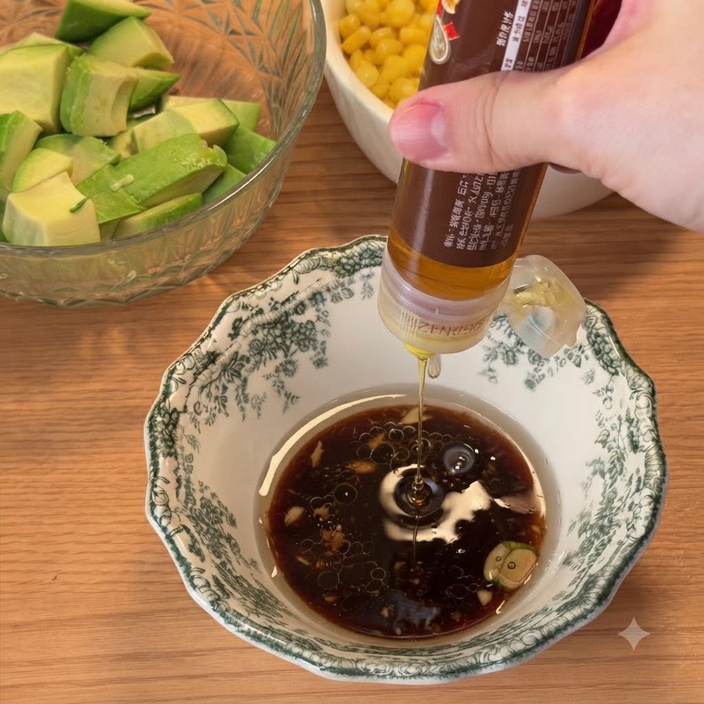 Honig wird in eine Schüssel mit dunkler Sojasauce gedrückt.