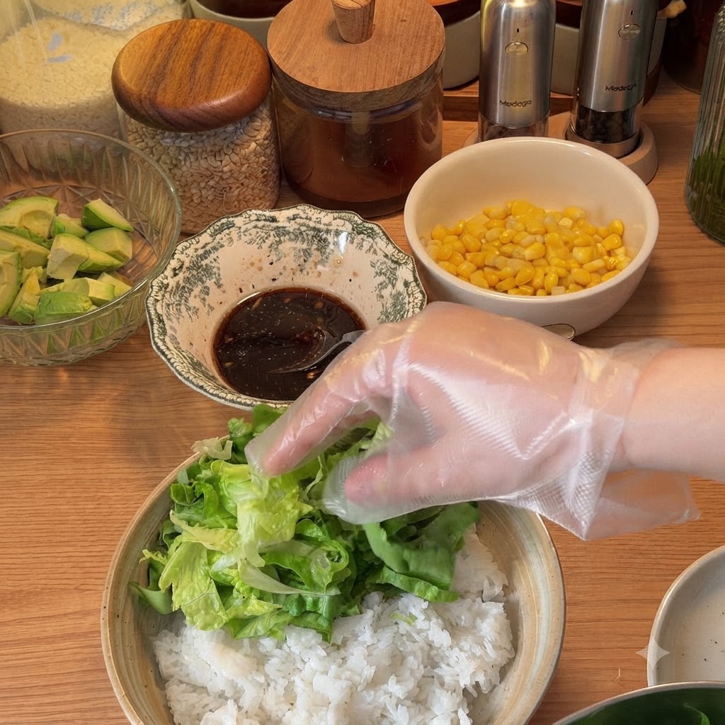 Geschnittener Salat und Thunfisch werden in einer Schüssel auf gekochten weißen Reis geschichtet.
