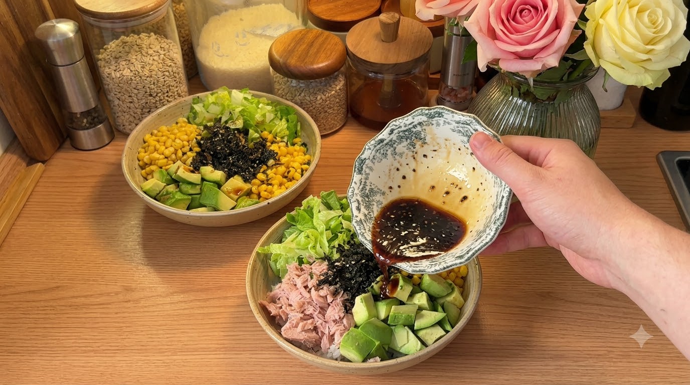 Thunfisch-Avocado-Reis-Bowl ohne Kochen