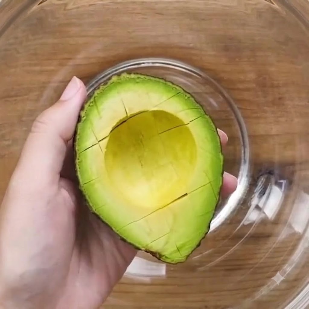 Eine Hand hält eine eingeschnittene Avocadohälfte über eine Glasschüssel und löffelt die Stücke mit einem Löffel heraus.