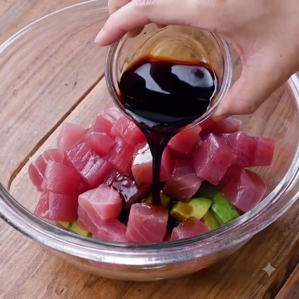 Dunkle Sauce wird aus einem kleinen Glasbehälter über die Schüssel mit Thunfisch und Avocadowürfeln gegossen.