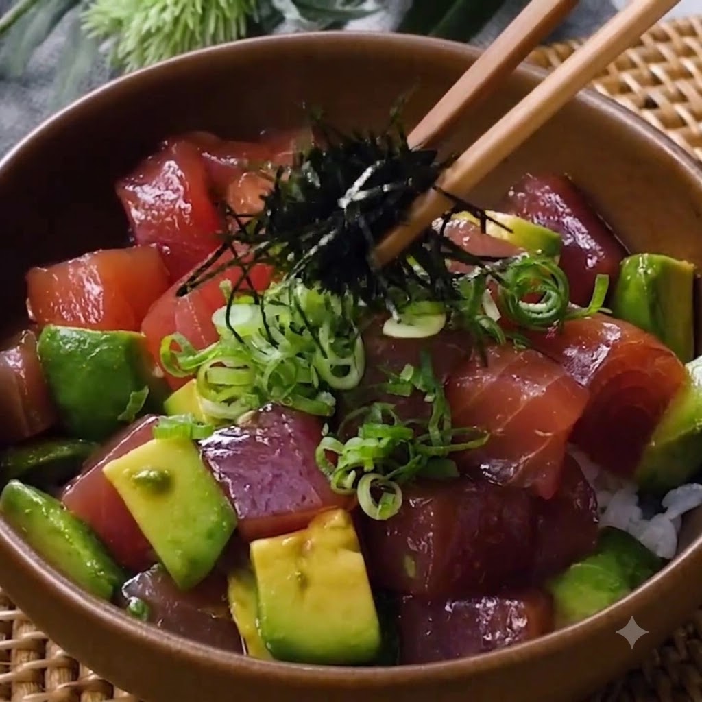 Stäbchen platzieren eine Prise Algen als Garnitur in die Mitte der Poke Bowl.