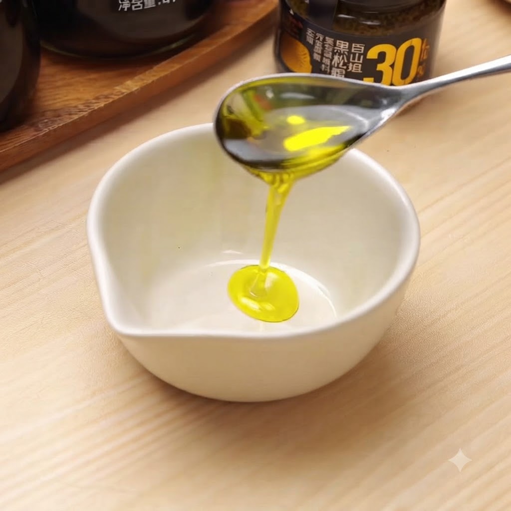 Olivenöl wird zusammen mit anderen Dressing-Zutaten in eine kleine weiße Schüssel gegossen.