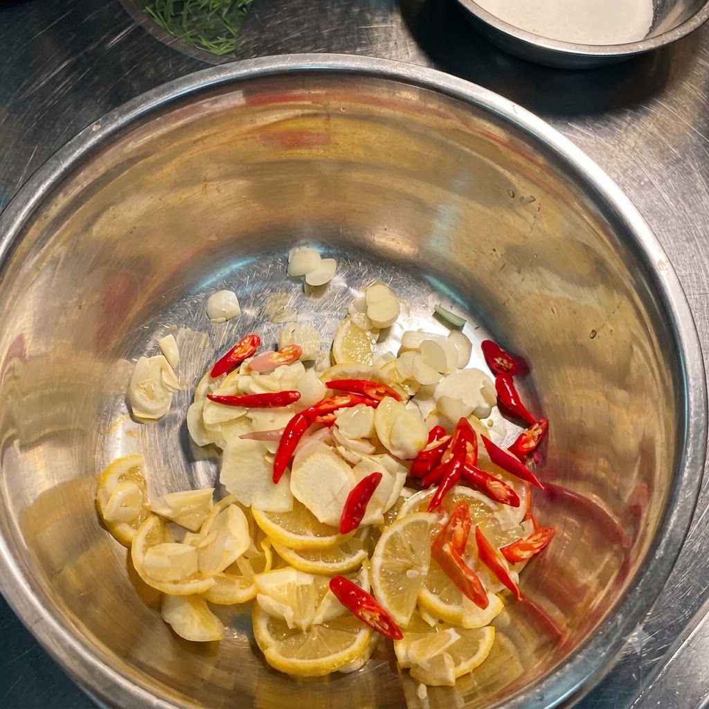 Frischer Rosmarin und grüner Koriander über der Zitronen-Chili-Mischung in der Schüssel.