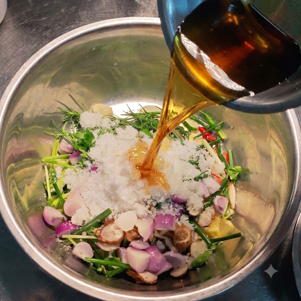 Austernsauce und Sesamöl werden in die zentrale Schüssel mit Gemüse und Zucker gegossen.