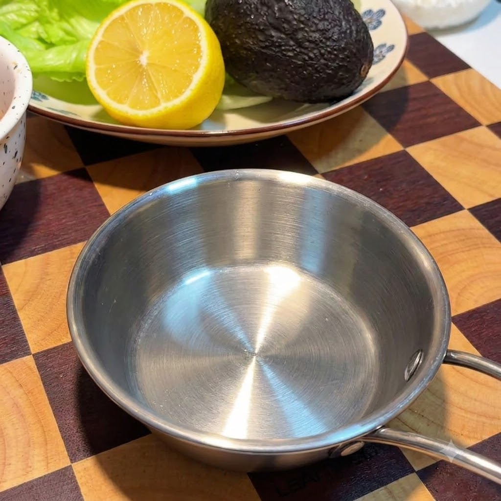 Eine leere kleine Edelstahlschüssel auf einem karierten Holzbrett neben einem Teller mit einer Zitrone und einer Avocado.