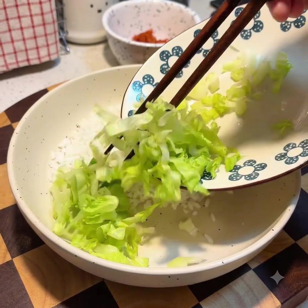 Stäbchen übertragen gehackten grünen Salat von einem dekorativen Teller auf eine Schicht weissen Reis in einer grossen Schüssel.
