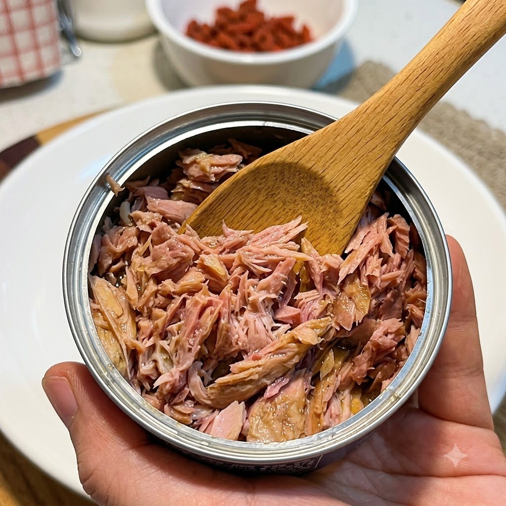 Ein Holzlöffel hält geflockten Dosen-Thunfisch direkt über der Servierschüssel.