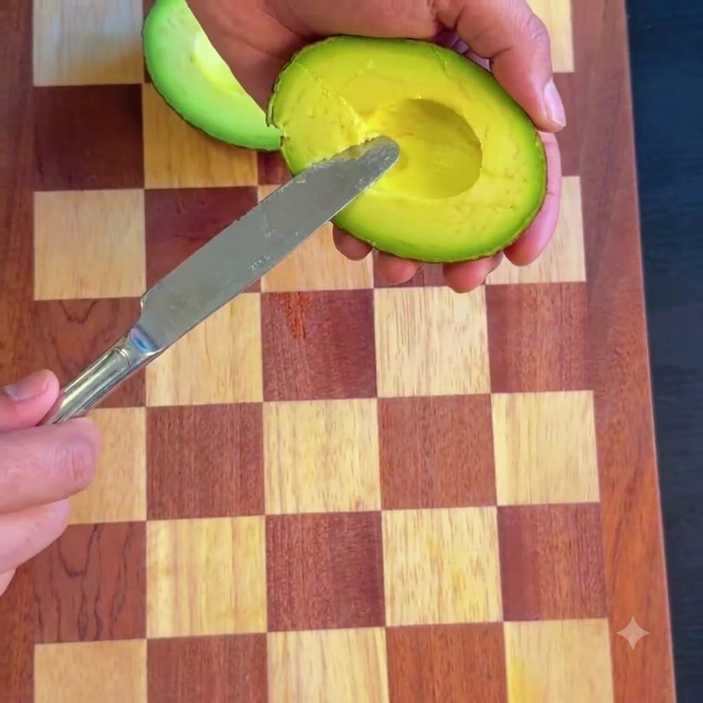 Der Avocadokern wird mit einem Löffel entfernt und das grüne Fruchtfleisch in eine Schüssel gegeben.