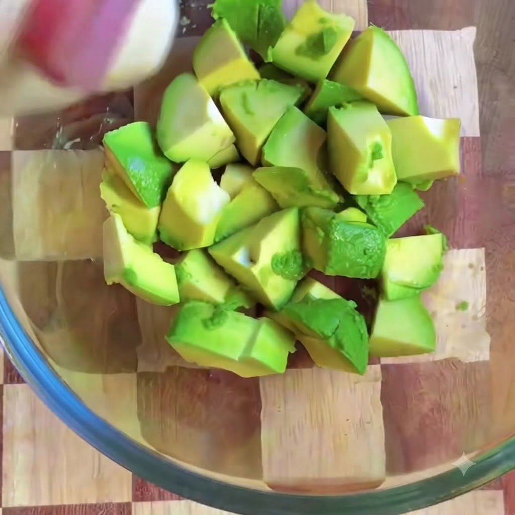 Frischer Zitronensaft wird über die gewürfelten Avocadostücke in einer Schüssel geträufelt.