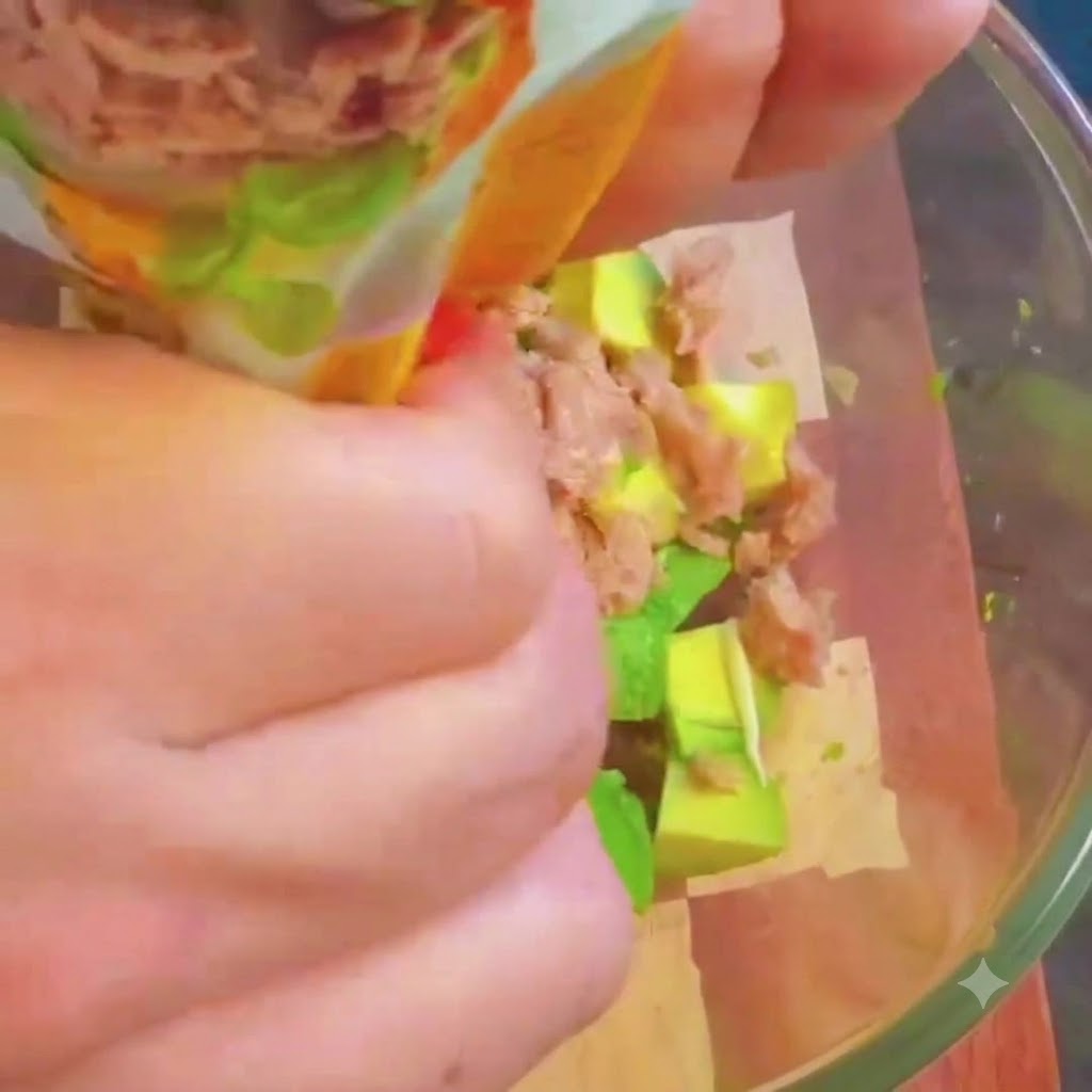 Dosen-Thunfisch, Mayonnaise, Miso und Pfeffer werden mit der Avocado in einer Glasschüssel vermischt.