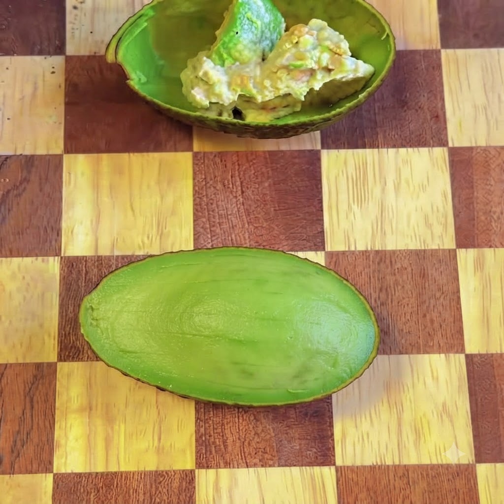 Die Thunfisch-Avocado-Mischung wird löffelweise in die ausgehöhlte Avocadoschale gefüllt.