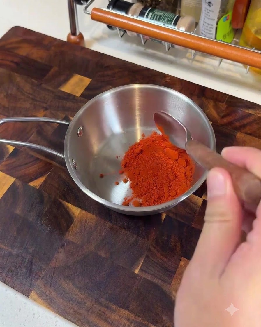 Feines Chilipulver, grobes Chilipulver, koreanische Chilipaste und Gewürze werden in einen kleinen Metalltopf gegeben.