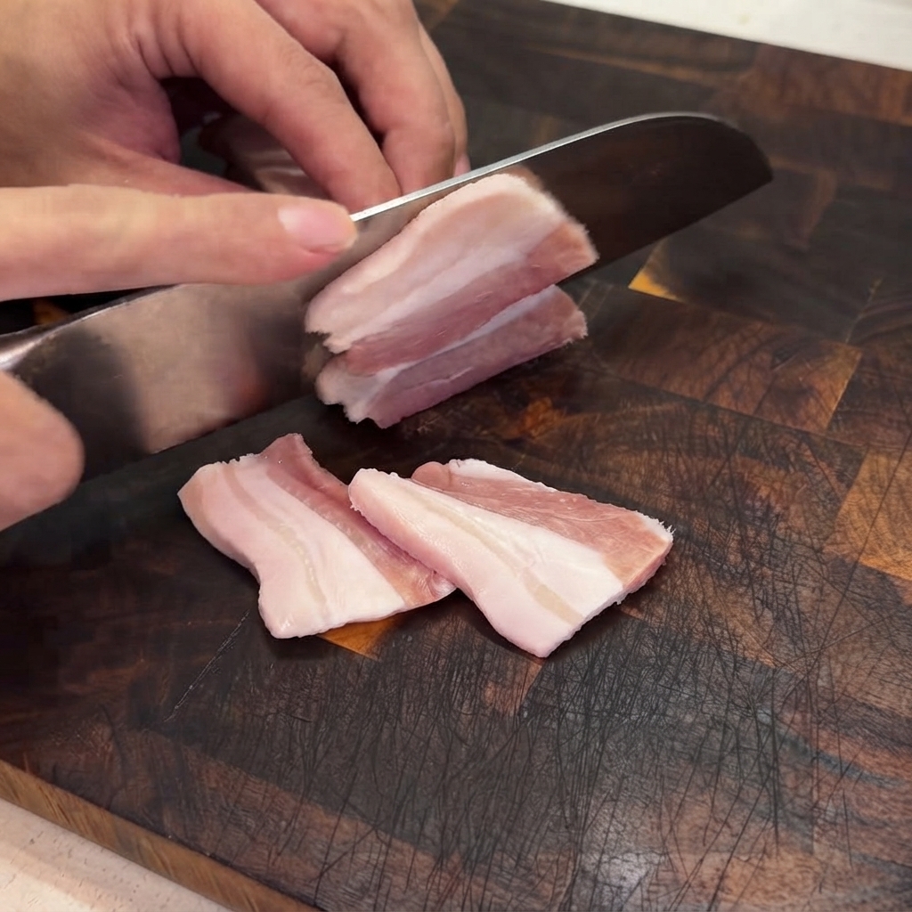 Ein Kochmesser schneidet Schweinebauch ohne Schwarte in dünne Scheiben auf einem Holzschneidebrett.