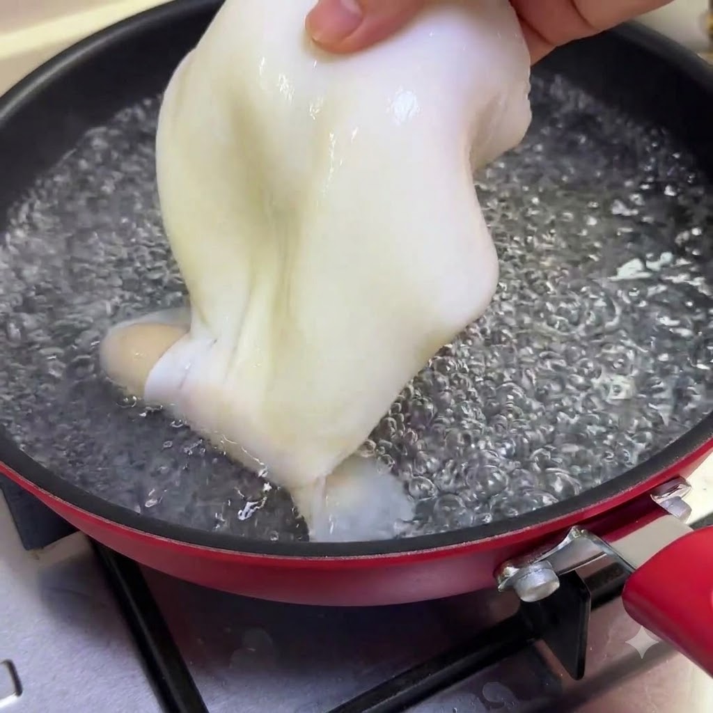 Ein ganzer Tintenfisch wird zum Blanchieren für 30 Sekunden in kochendes Wasser getaucht.