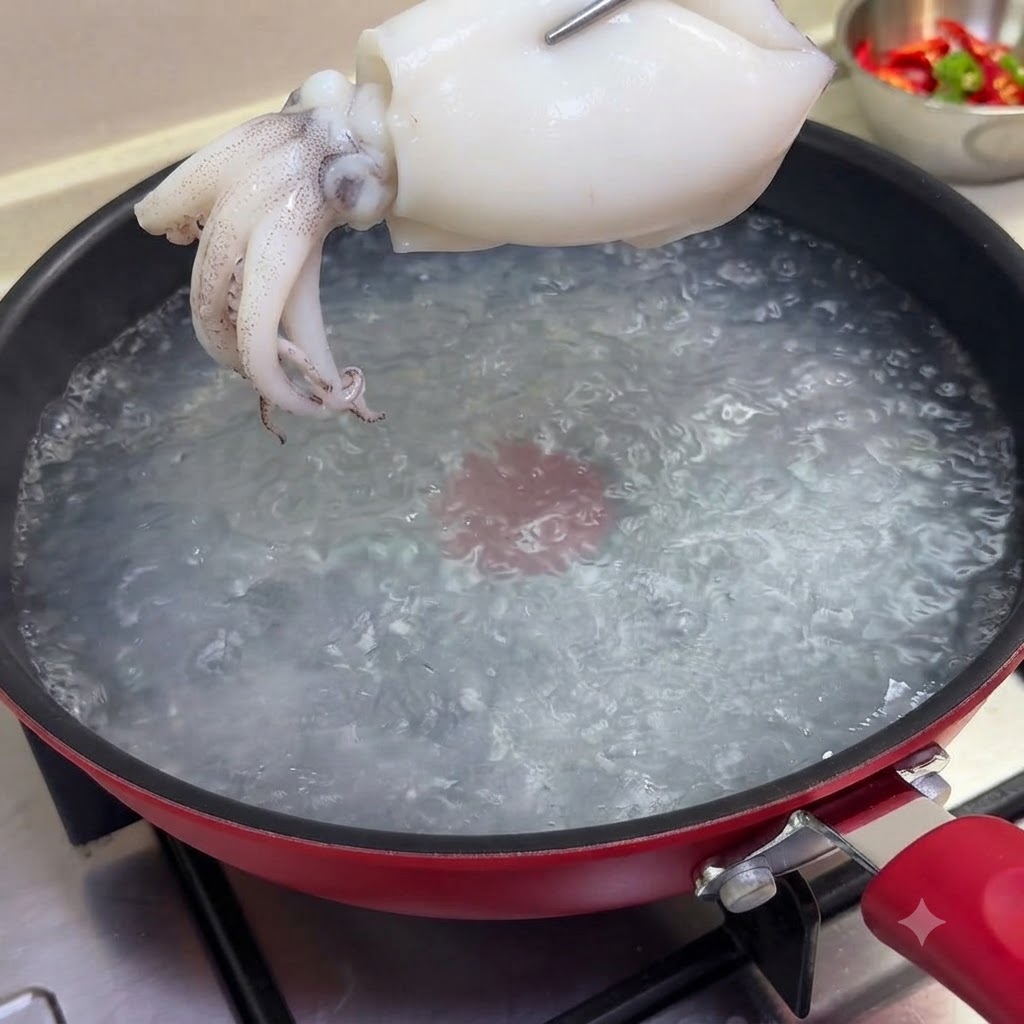 Der blanchierte Tintenfisch wird auf einem Holzschneidebrett in lange, fingerbreite Streifen geschnitten.