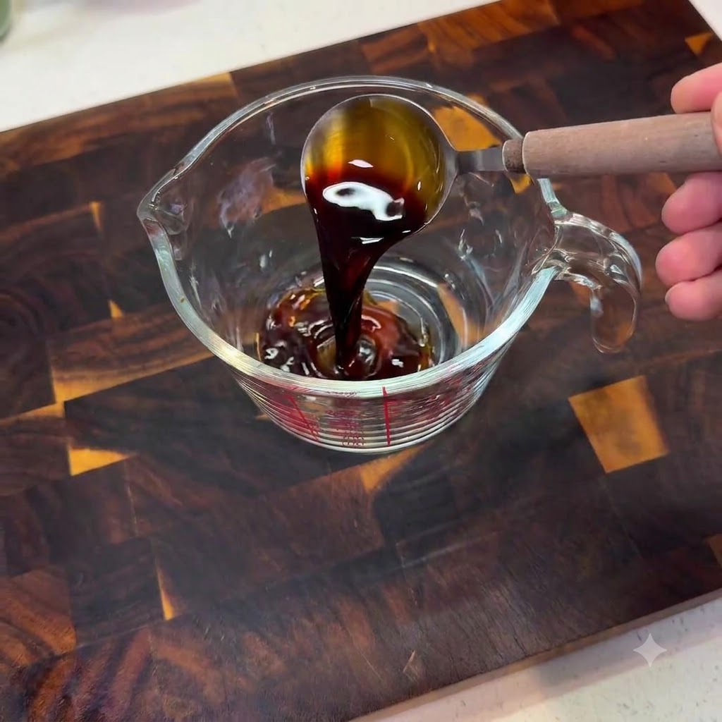 Helle Sojasauce wird aus einem Löffel in einen Glasmessbecher auf einer Holzoberfläche gegossen.