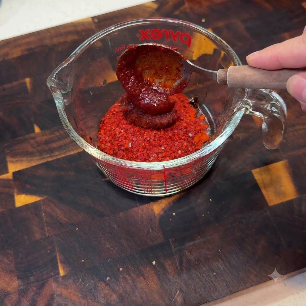 Ein Messbecher mit Chilipulver und -paste wird gründlich mit einem Löffel verrührt.