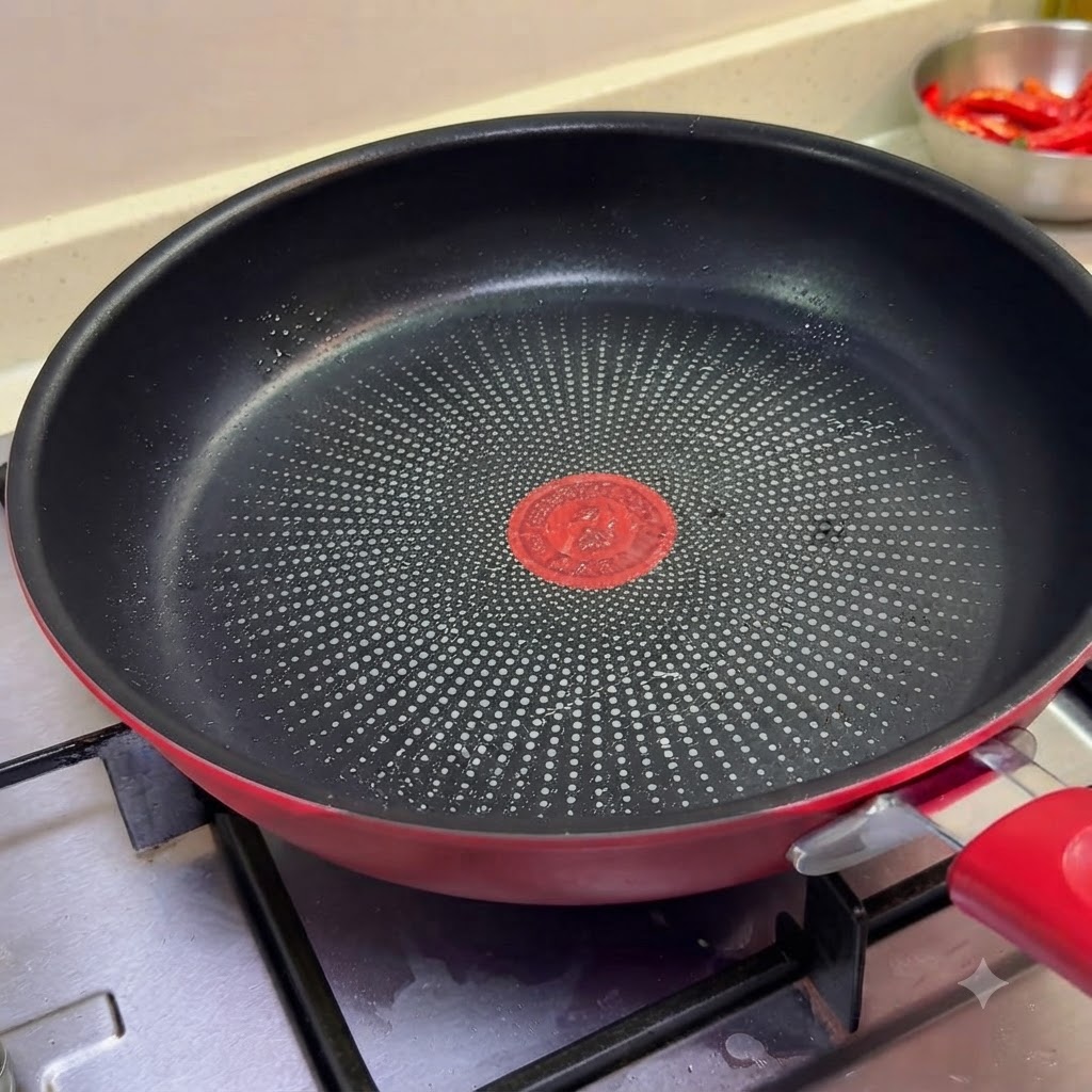 Eine leere, erhitzte Antihaft-Pfanne auf einem Herd, bereit zum Kochen von Schweinebauchscheiben.