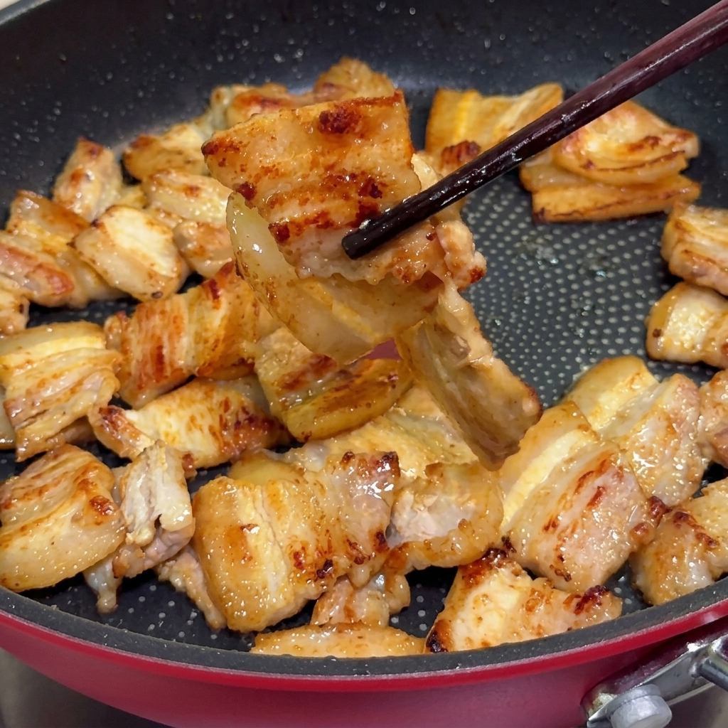 In Scheiben geschnittene Zwiebeln werden mit Essstäbchen in der Pfanne inmitten von ausgelassenem Schweinefett angebraten.