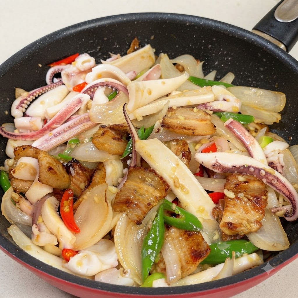 Eine Pfanne mit Tintenfisch, Schweinebauch, Zwiebeln und Chilischoten, bereit zum Unterrühren der Sauce.