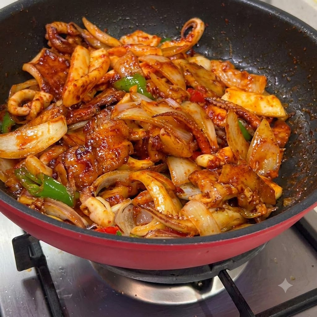 Tintenfisch und Schweinebauch werden in einem Wok mit Gemüse und reichhaltiger roter Sauce angebraten.