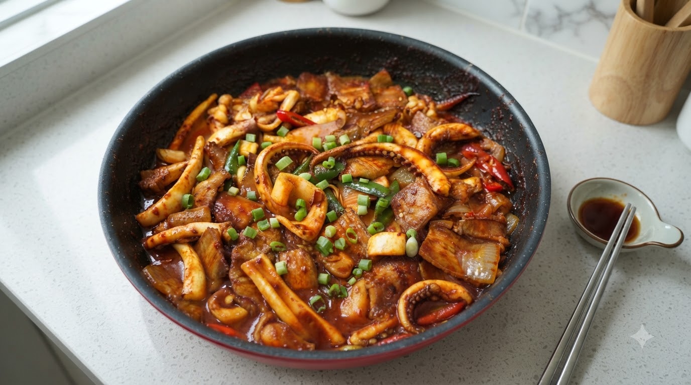Koreanische scharfe gebratene Tintenfische mit Schweinebauch (Osam Bulgogi)