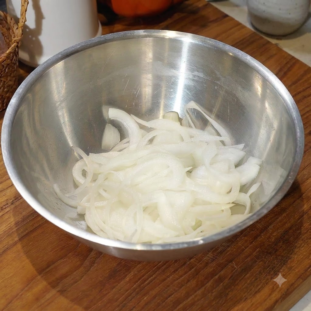 Eine Schüssel gefüllt mit in Wasser getauchten weißen Zwiebelscheiben auf einem Holzschneidebrett.