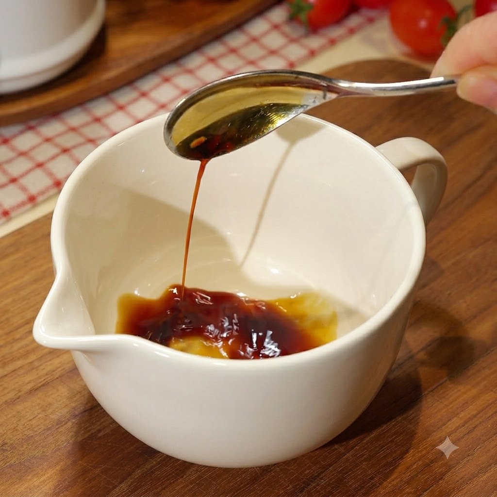 Ein weißer Messbecher, in dem dunkle Saucenzutaten mit einem Löffel verrührt werden.