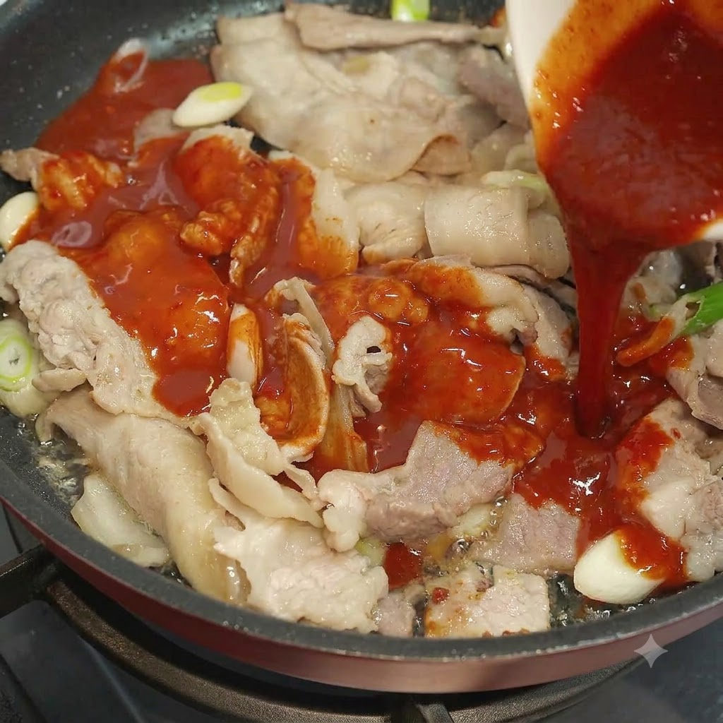 Rote Sauce wird aus einer Schüssel in eine Pfanne mit Schweinefleischscheiben und Frühlingszwiebeln gegossen.