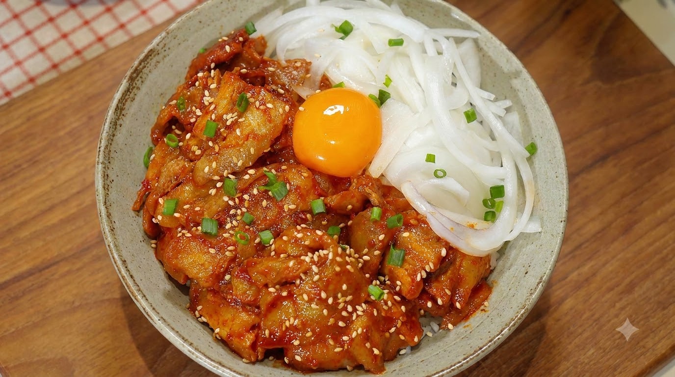 Eine Schüssel scharfes Schweinefleisch-Bibimbap mit glasiertem Schweinebauch, rohen Zwiebeln und einem frischen Eigelb über weißem Reis.