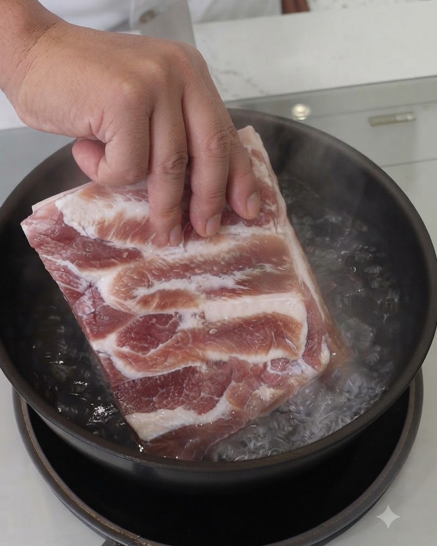 Ein Stück roher Schweinebauch wird in einen Topf mit kochendem Wasser getaucht.
