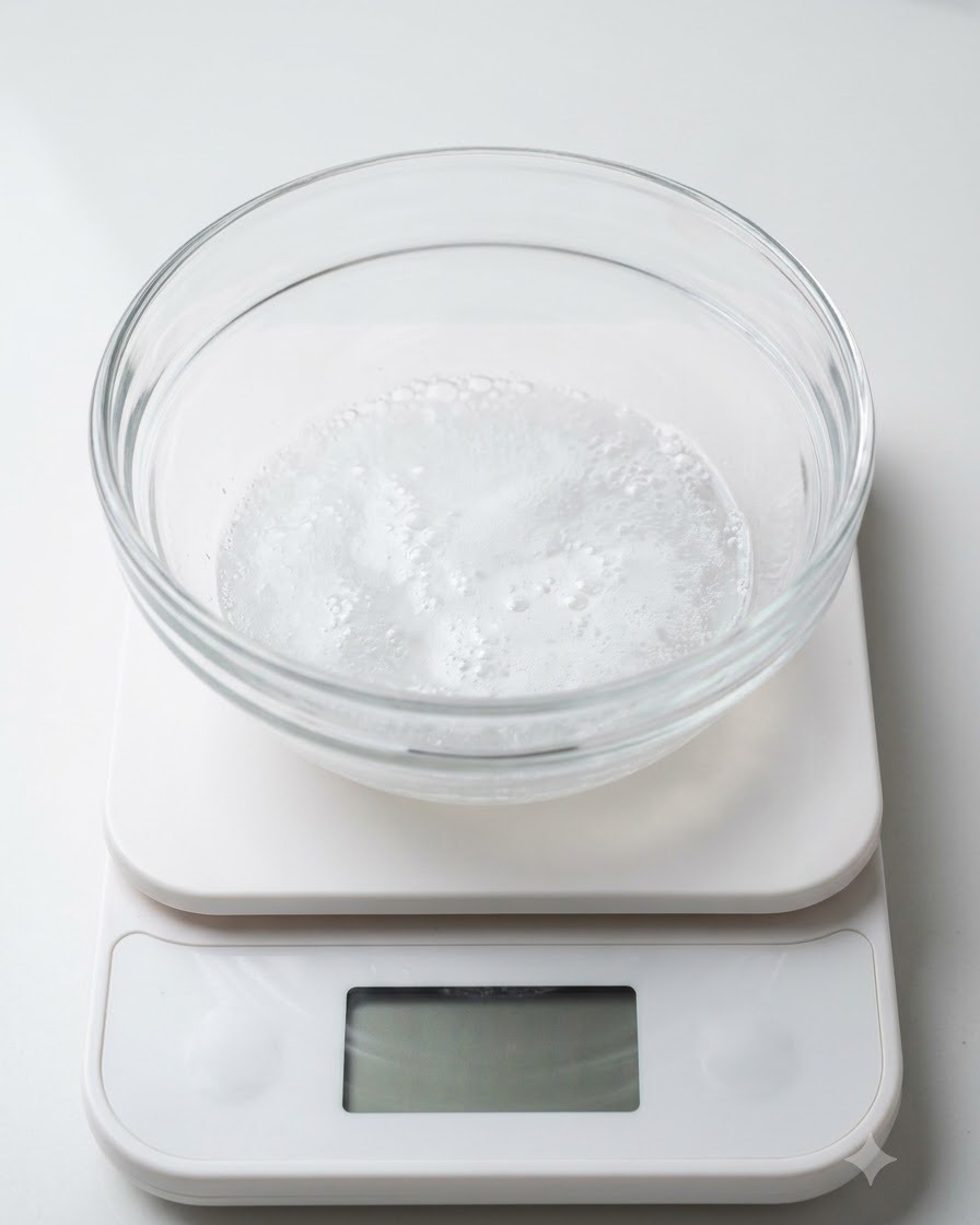 Eine Glasschüssel mit einer sprudelnden Mischung aus weißem Essig und Soda auf einer weißen Digitalwaage.