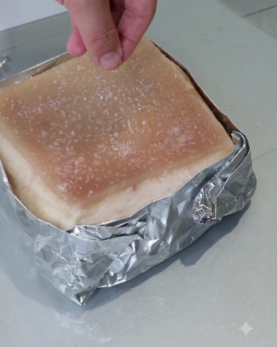 Eine Hand streut grobes Salz gleichmäßig über die Oberfläche eines in Alufolie eingewickelten Schweinebauchstücks.