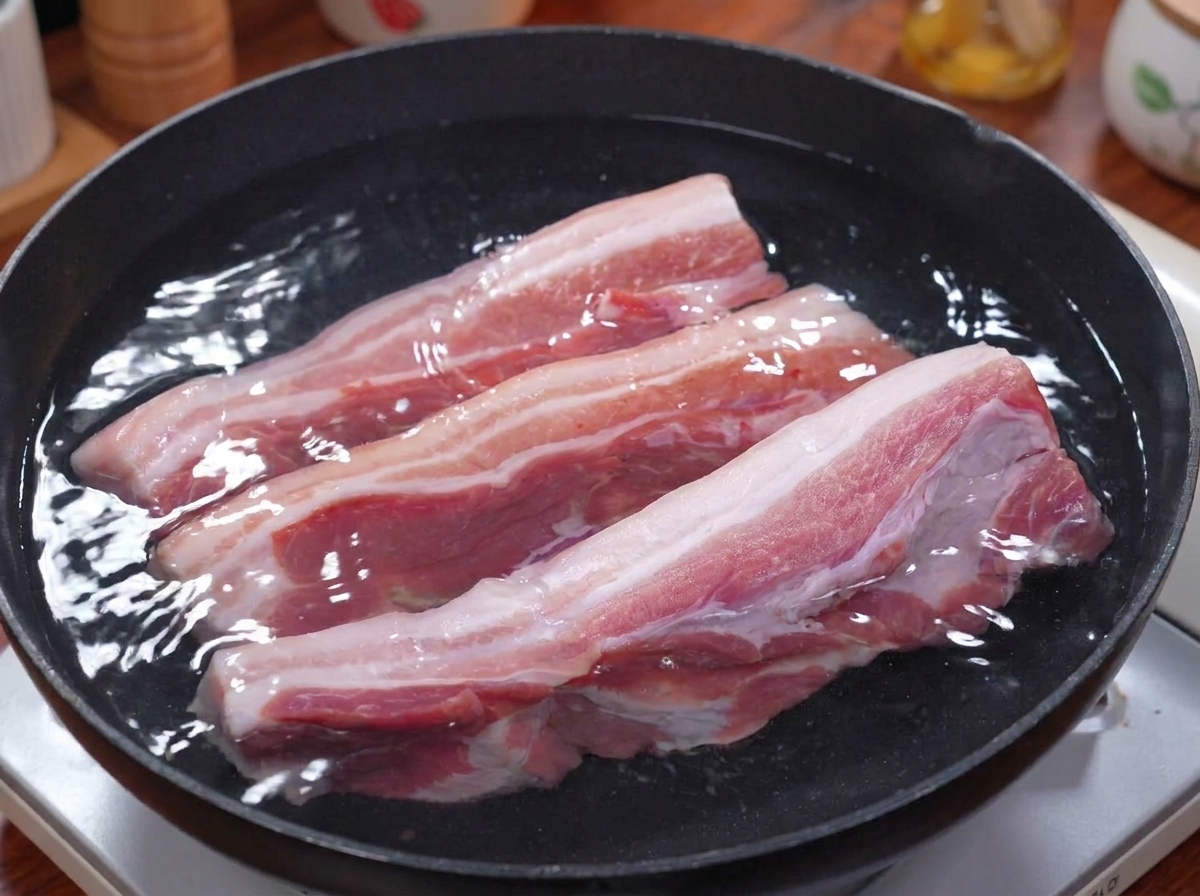Drei rohe Schweinebauchstreifen in einem Topf gefüllt mit Wasser zum Kochen.
