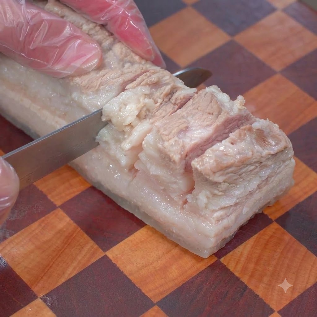 Ein Messer macht vertikale Schnitte auf einem gekochten Schweinebauchstreifen auf einem Schneidebrett.
