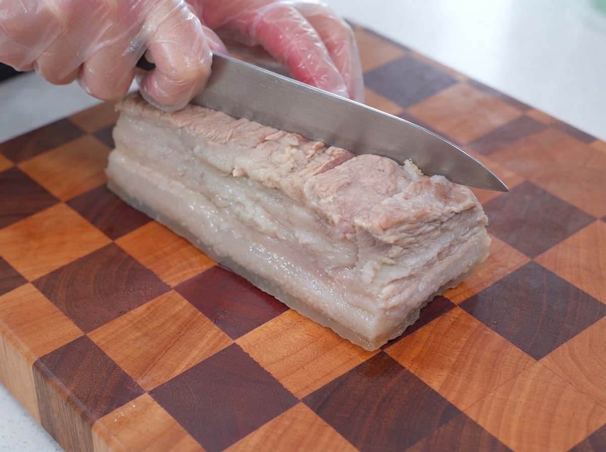 Helle Sojasauce und Austernsauce werden über eingeschnittene Schweinebauchstreifen gegossen.
