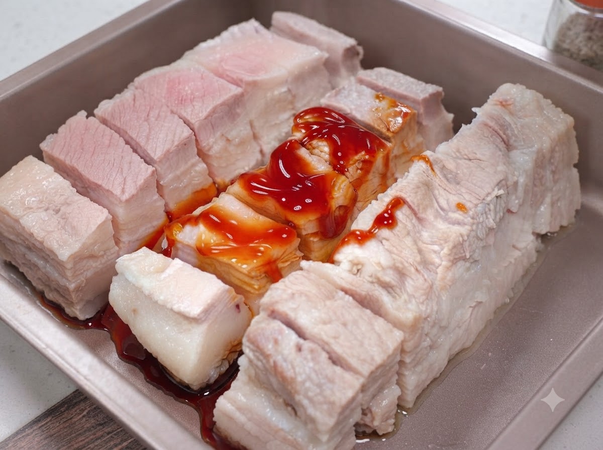 BBQ-Würzmischung wird auf die Schweinebauchstreifen aufgetragen und einmassiert.